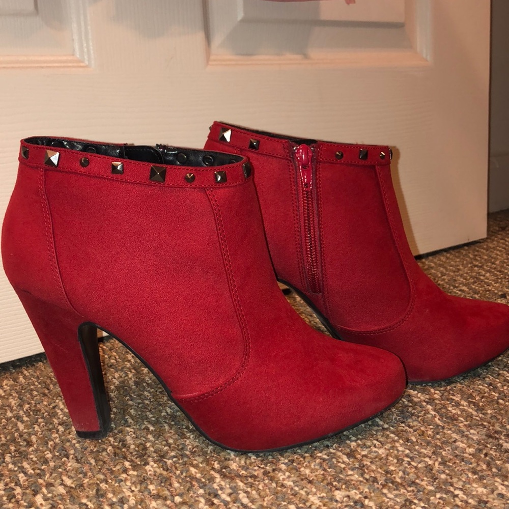 Red faux suede booties